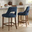 Ensemble de 2 tabourets de bar rembourrés de style moderne du milieu du siècle, hauteur du siège de 66 cm, dossier incurvé et pieds en bois massif (bleu marine)-626510617