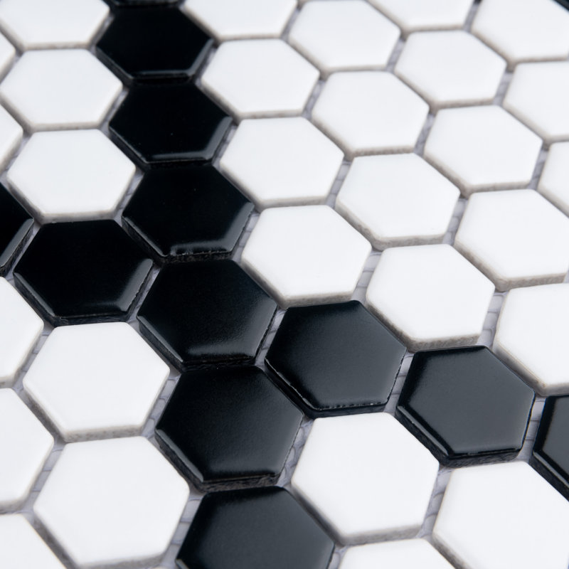 Metro 1" Hex Matte White with Black Diamond 10-1/4" x 11-7/8" Porcelain Mosaic Floor and Wall Tile