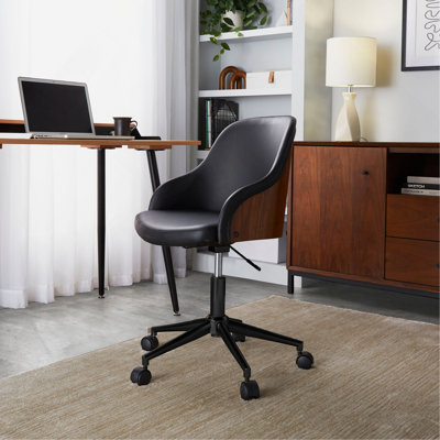 Chaise de bureau en métal noir, bois de noyer et similicuir noir