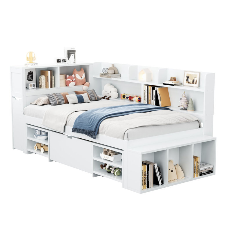 White Single Multifunctional Bed with Drawers, Bookcase & Storage Cupboard, Slatted Frame, Single (3')