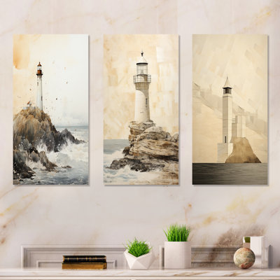 Ensemble de 3 décorations murales en métal Minimal Beige Light House Horizon