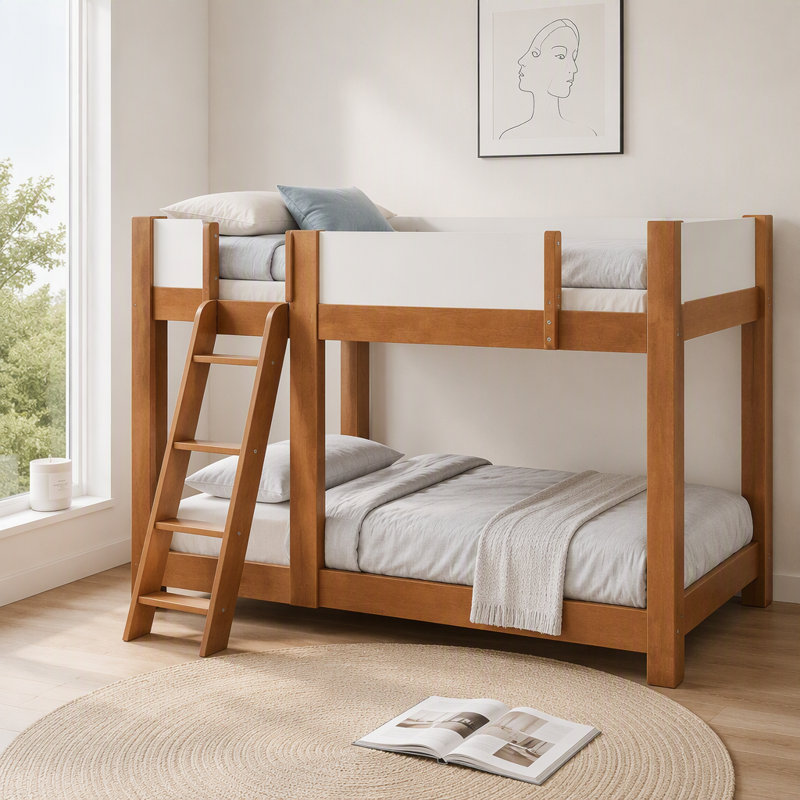 Lit simple superposé simple, lit superposé convertible en bois avec échelle réversible et garde-corps de sécurité, noyer et blanc