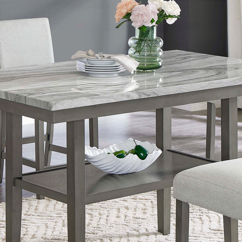 Table rectangulaire à hauteur de comptoir 60 po Selena - Plateau en faux marbre gris, tablette de rangement