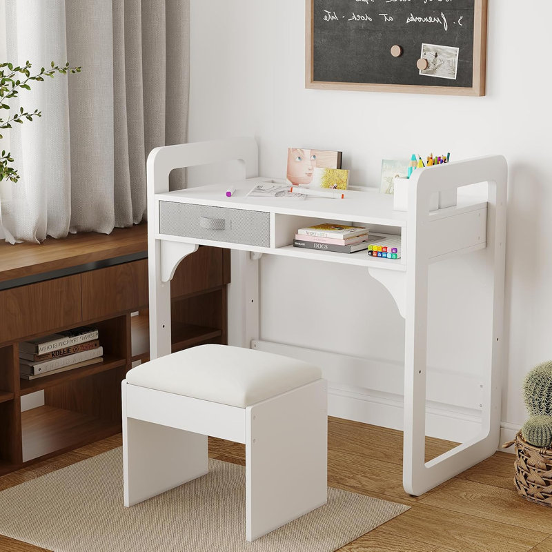 Ensemble de bureau et de chaise en bois avec tiroirs de rangement en tissu et porte-stylo intégré pour chambre à coucher ou bureau