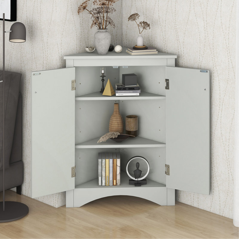 Grey Triangle Bathroom Storage Cabinet With Adjustable Shelves, Freestanding Floor Cabinet For Kitchen, Grey