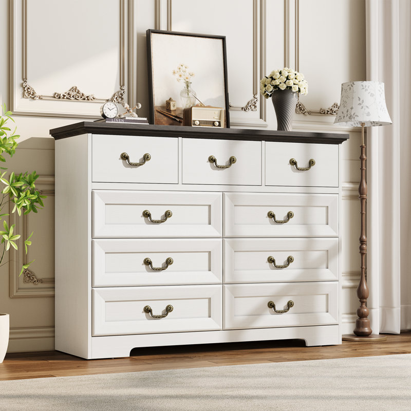 47"  White Dresser with 9 Drawers Wide Vintage Chest of Drawers with Metal Handle & Natural Texture Wood Dresser for Closet with Two Different Drawer Sizes for Living Room Hallway