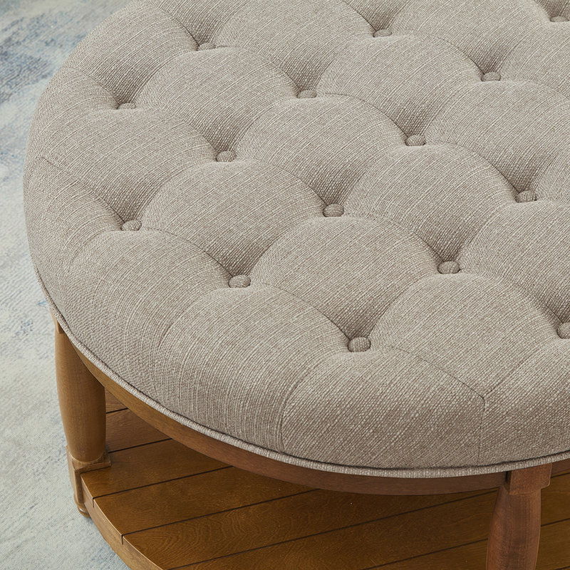 Large Round Upholstered Tufted Linen Ottoman Coffee Table, Large Footrest Ottoman with Wood Shelf Storage- Linen, Khaki