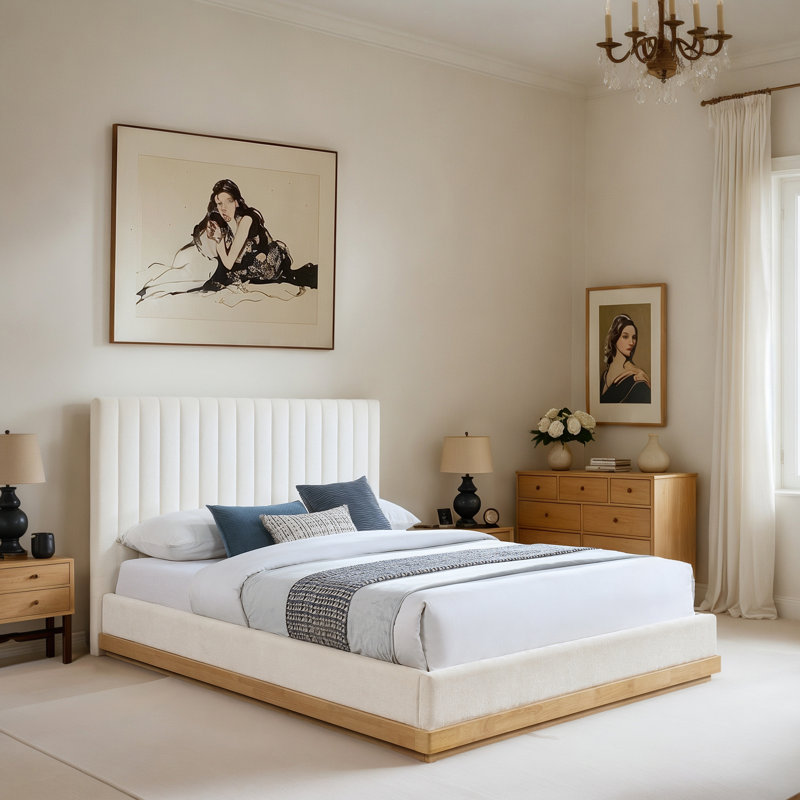 Emmet Chenille Fabric Bed, Queen, Cream Chenille Fabric / Natural Oak
