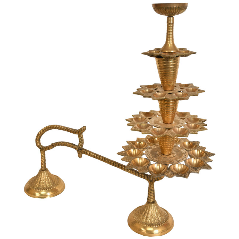 Handmade Brass Aarti Lamp – 14 Inch Large Multi-Tiered Ritual Diya, Polished Indian Art for Religious Ceremonies, Altar, Temple, Celebrations