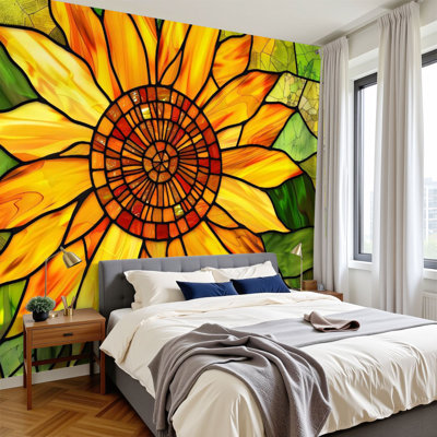 Peel and Stick Wallpaper Rustic Sunflower Stained Glass Window Hangings Wall Murals 100"H x 144"W Removable PVC Wall Paper Self-Adhesive Wall Decor for Bedroom Living Room Home Office
