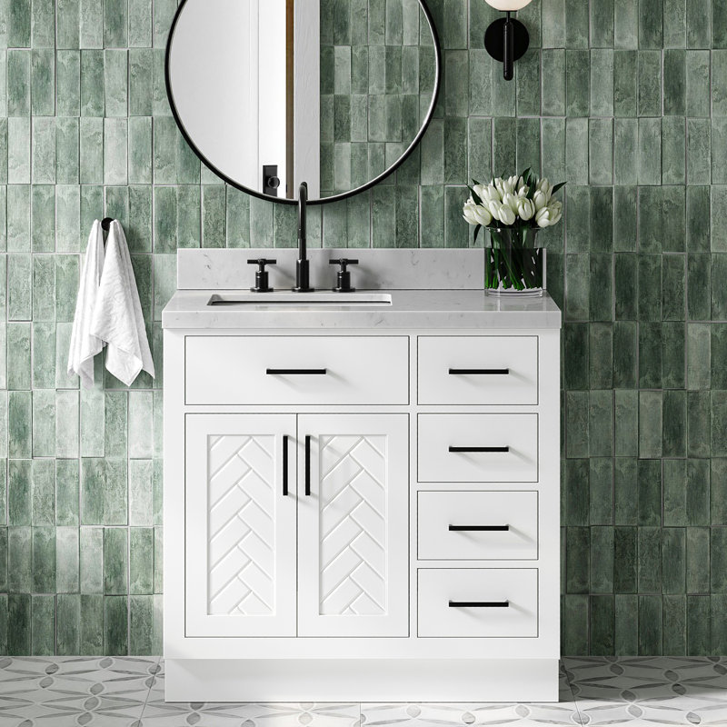 Ensemble de meuble-lavabo rectangulaire rectangulaire gauche 36 po avec comptoir en quartz blanc Carrara, Rectangulaire
