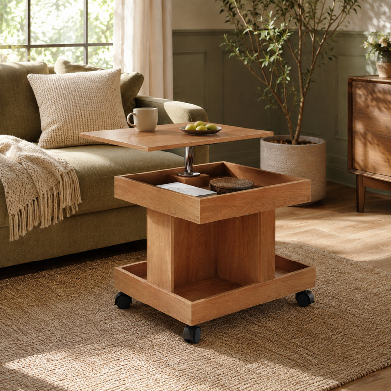 Table basse roulante à plateau relevable, bureau rotatif, rangement ouvert