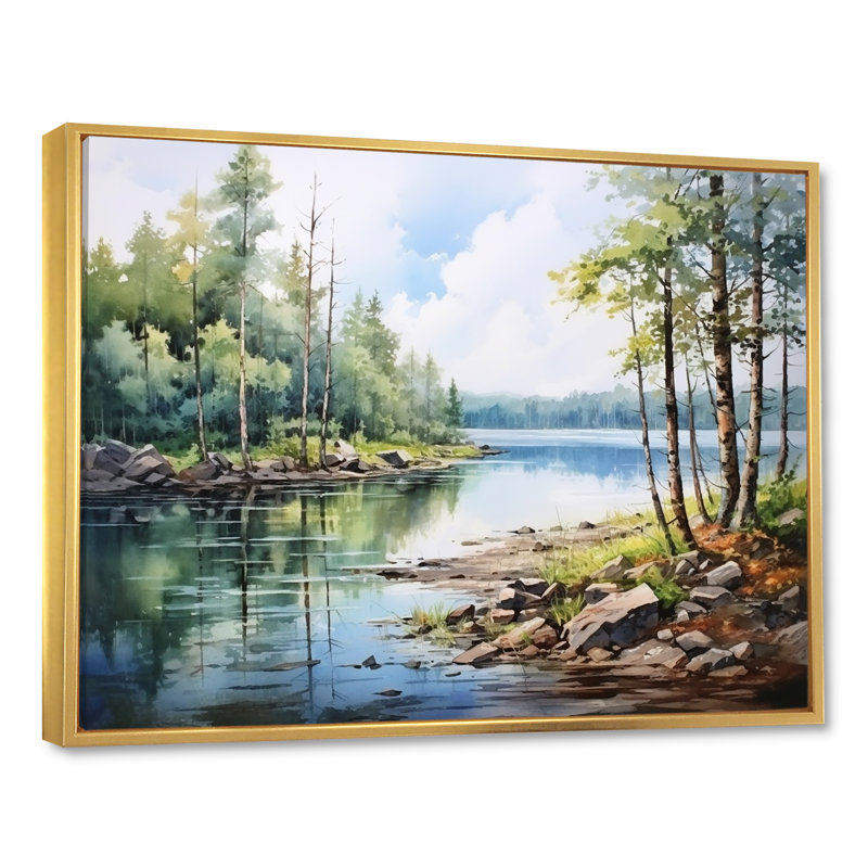 «Lakes Rivers Scandinavian Tranquility I», reproduction sur toile, Cadre flottant doré, H 30 po x l 40 po x P 1,5 po