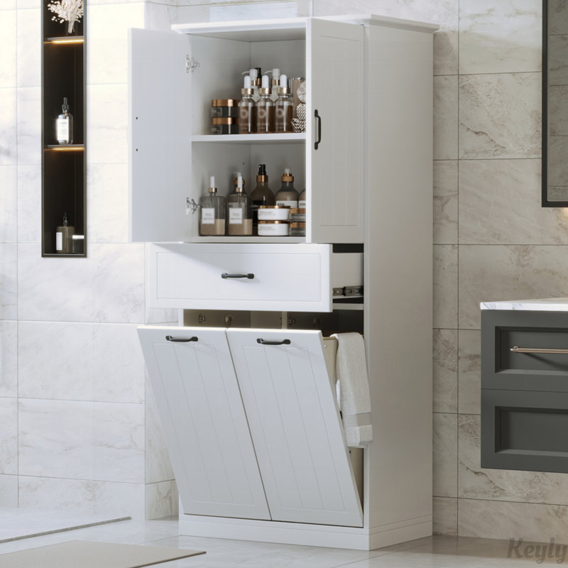 Armoire de rangement pour salle de bain avec deux paniers à linge, Blanc