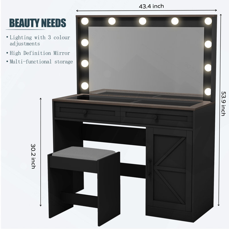 Coiffeuse 43,4 ", coiffeuse avec grand miroir et 11 lumières DEL, luminosité réglable, coiffeuse avec 3 tiroirs, coiffeuse pour femme