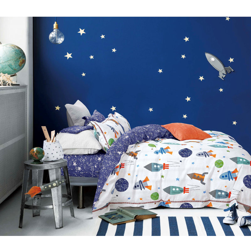 Ensemble d’édredon en coton 100% Johanas Rocket ship, Édredon simple/simple TG + 1 Taie décorative