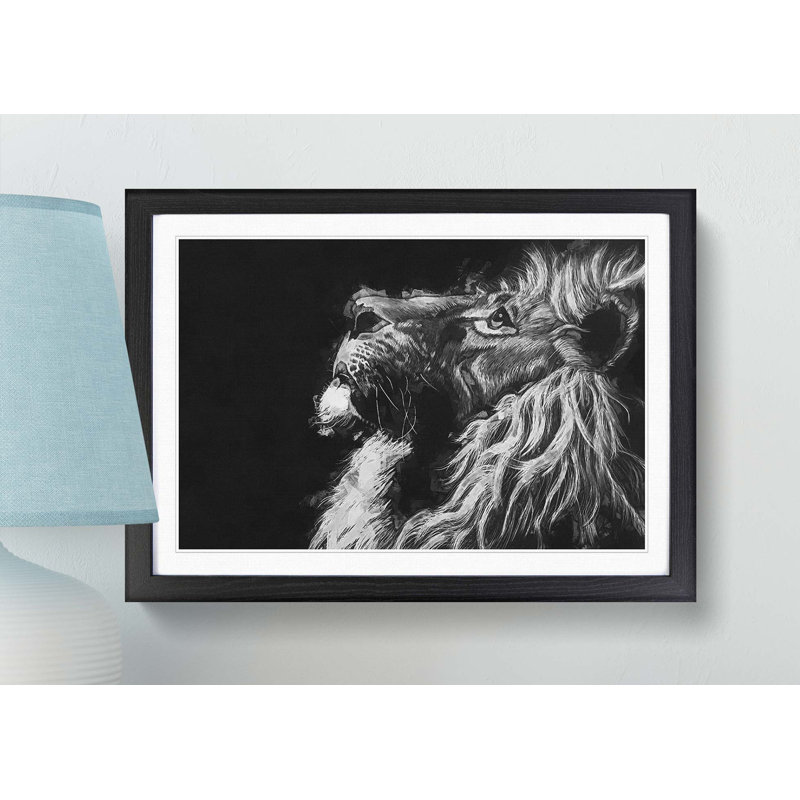 Majestic Lion Illustration in Abstract - Picture Frame Graphic Art Print, Black, 50cm H x 76cm W x 2cm D