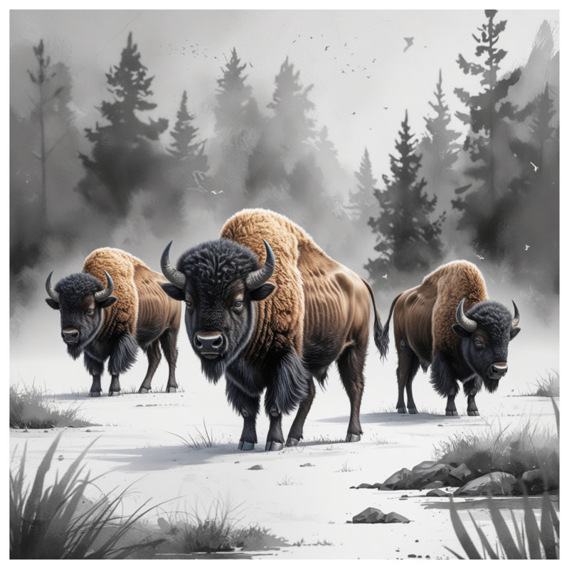 Bison en hiver, couvertures de paysage, L 60 po x H 80 po