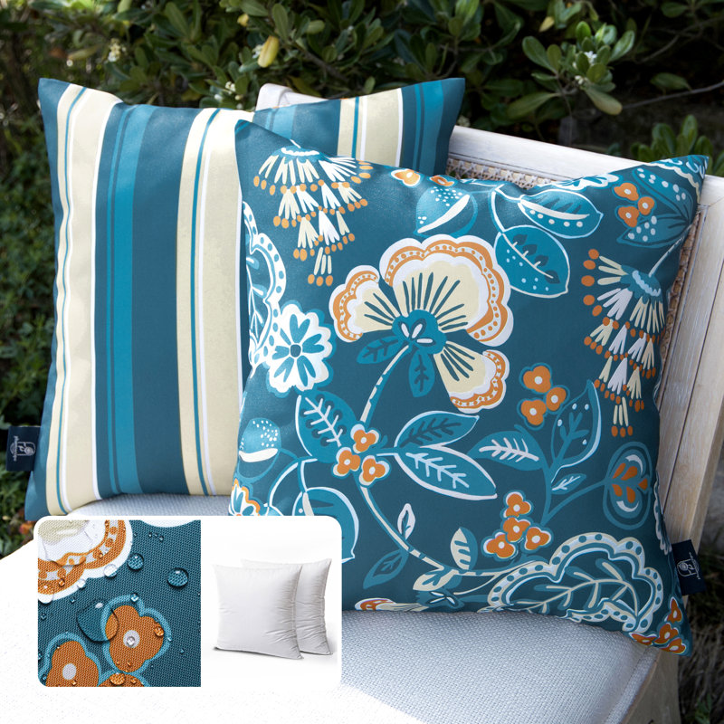Coussin décoratif d'extérieur imperméable imprimé floral pour jardin de patio, Bleu foncé, Carré 18 po