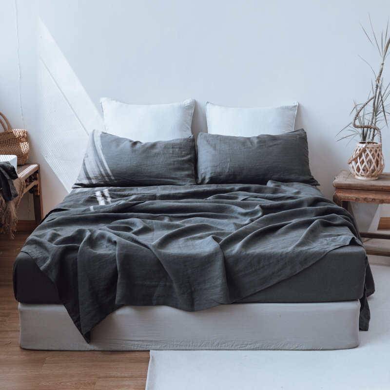 100% Linen Sheets Set, Queen Sheet Set with 2 Pillowcases, Dark Gray