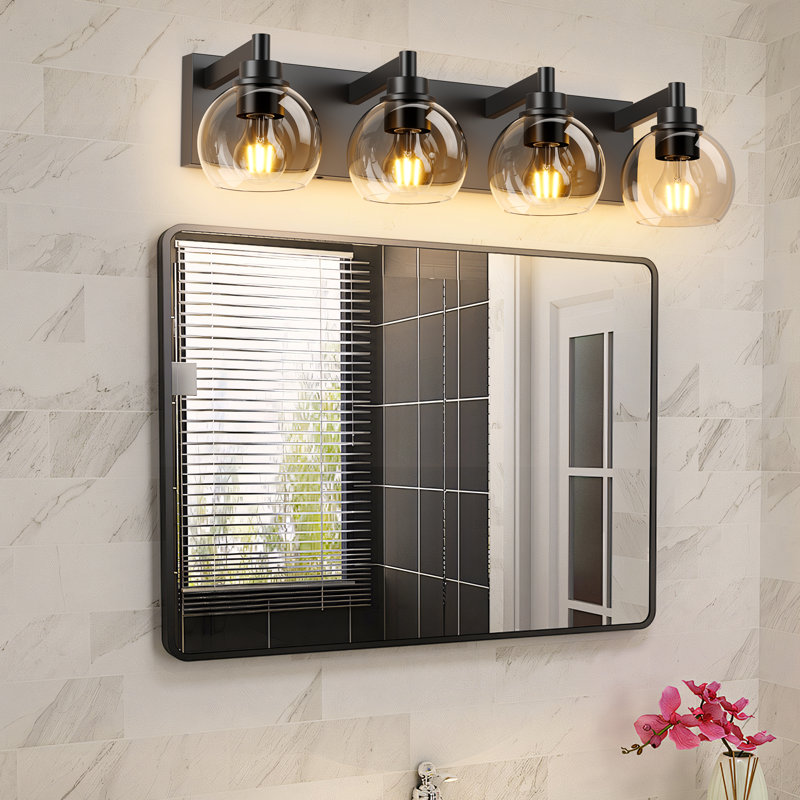 Modern Vanity Light with Clear Glass Globe Shades, Black, 4