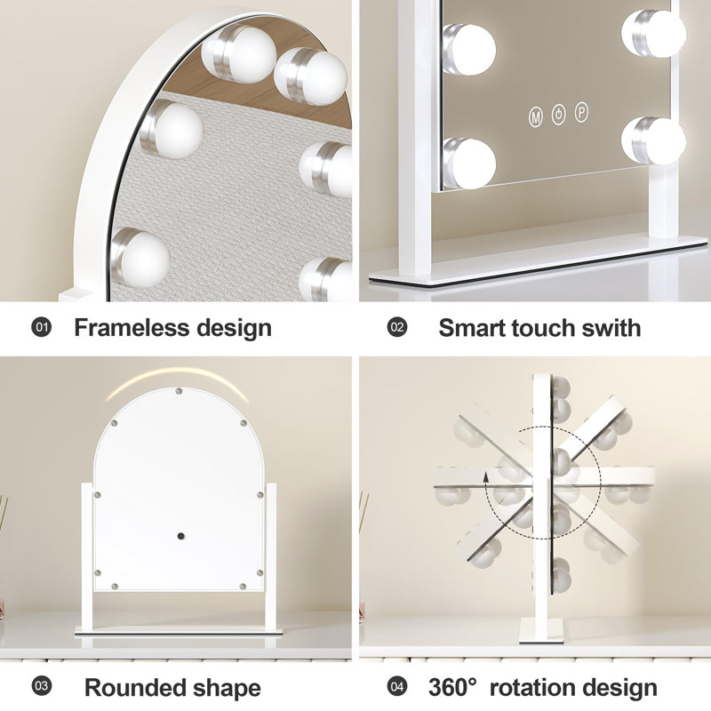 Vanity Mirror With Lights, 14''X12'' Arched Makeup Mirror With 3 Color Modes And 9 Dimmable Bulbs, Desk Vanity Mirror With Memory, (White)