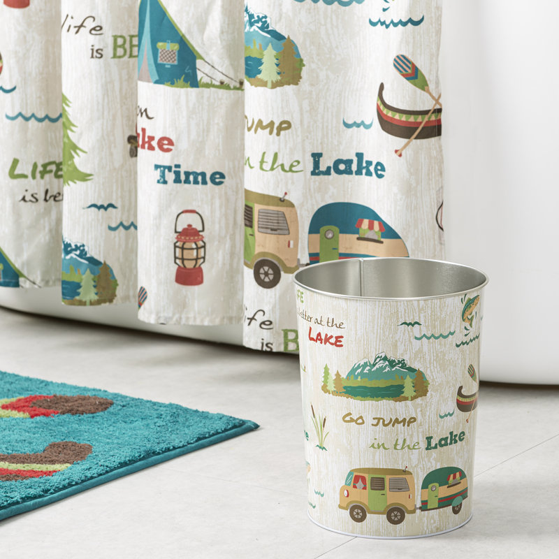 Teal and Beige Metal Outdoor-Themed Wastebasket