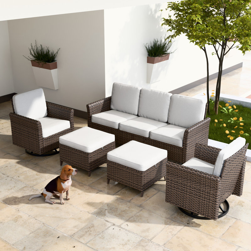 5-Piece Spacious Seating Swivel Chair Seating Group Patio Multi-brown Wicker Rattan Sofa Set with Cushions, Beige