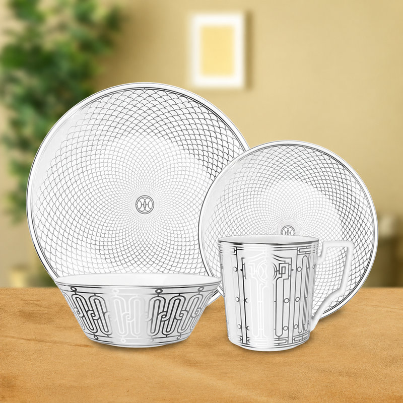 Service de table de 16 pièces en porcelaine fine pour 4 personnes, motif géométrique noir et blanc (forme festonnée)