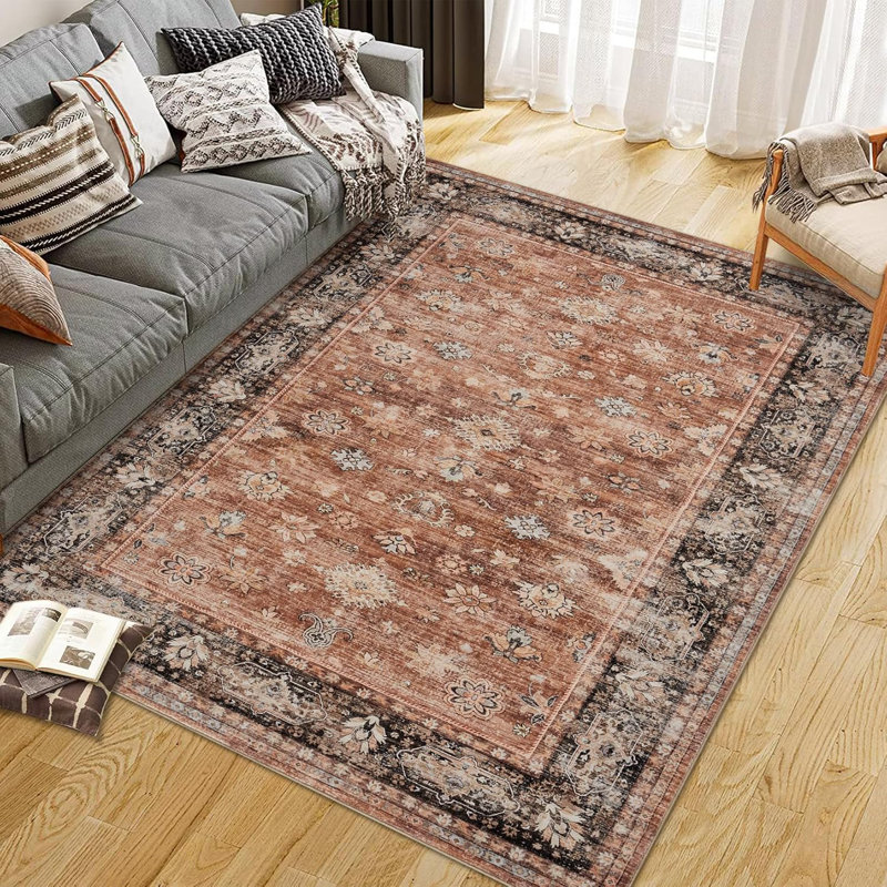 Vintage Washable Area Rug for Bedroom, Distressed Non-Slip Non-Shedding Floral Soft Throw Rugs for Living Room, Dining, Foyer (Brown)