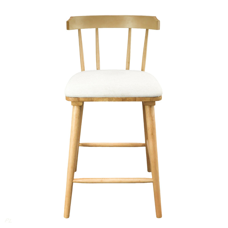 Tabouret de comptoir d'intérieur en bois rembourré, finition naturelle avec revêtement beige, style Windsor, ensemble de 4