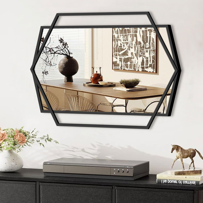 Hexagonal Wall Mirror Black Bathroom Mirror Metal Frame Wall Mounted Vanity Mirror, 36" x 26"