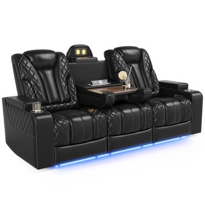 Faux Leather Power Reclining Sofa Couch With Wireless Charger And Led Lighting