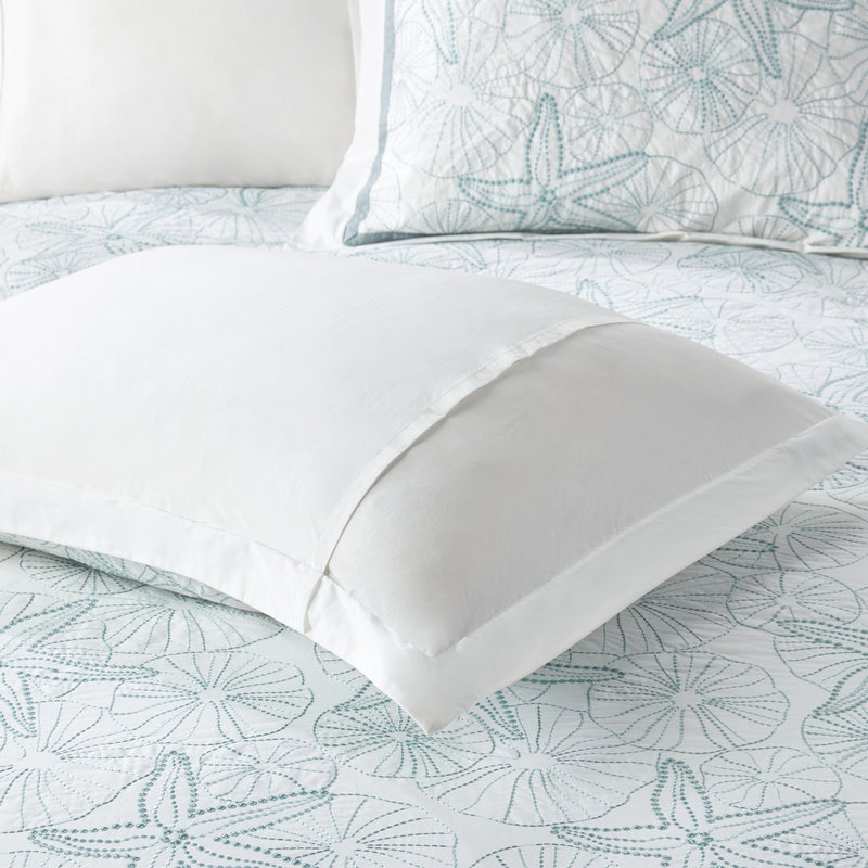 Housse de couette pour lit double / grand lit - 100% coton pour les chalets de bord de mer, broderie dollar foncé et sable, fermeture à boutons, 4 attaches intérieures, 2 mini taies décoratives standard avec vue sur l'océan, sans insert