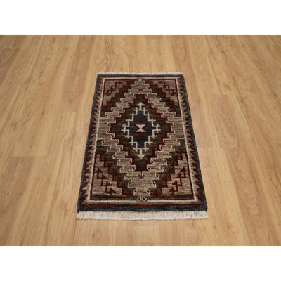 2'x3'2" Chocolate Brown, Southwest American Indian Design with Piled Construction, Plush and Lush, Hand Knotted, Pure Wool, Mat, Sample, Oriental Rug