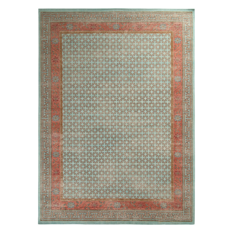Distressed Homage Hand Knotted Wool Geometric Area Rug in Blue, Orange, Red, Beige, Brown, Rectangle 6' x 9'