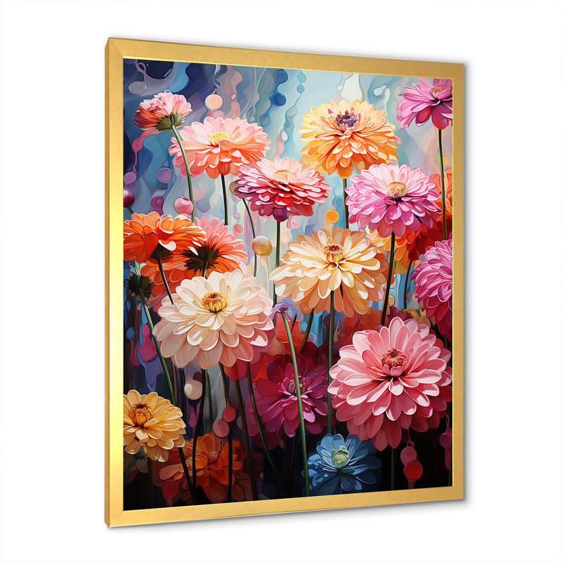 Reproduction d'art sur toile Zinnias, H 32 po x l 24 po x P 1 po, Cadre doré simple