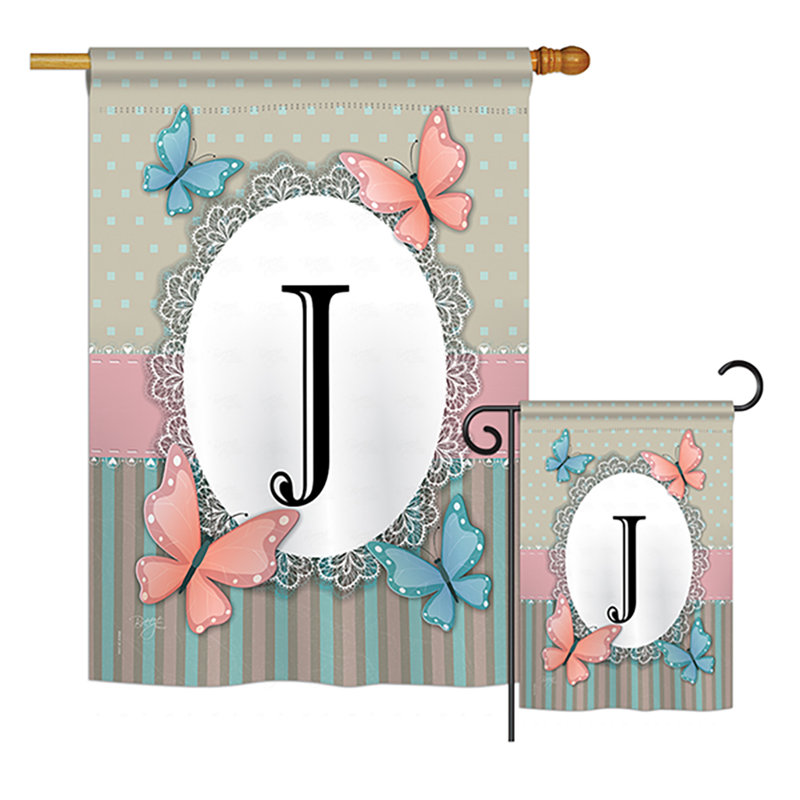 « papillons a initials », drapeau de jardin initial et grenouilles, ensemble de 2 côtés en polyester vertical décoratif, J