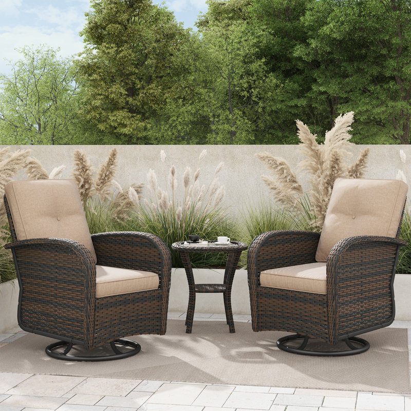 Ensemble de 3 chaises pivotantes en osier avec coussins et table d'appoint, Beige