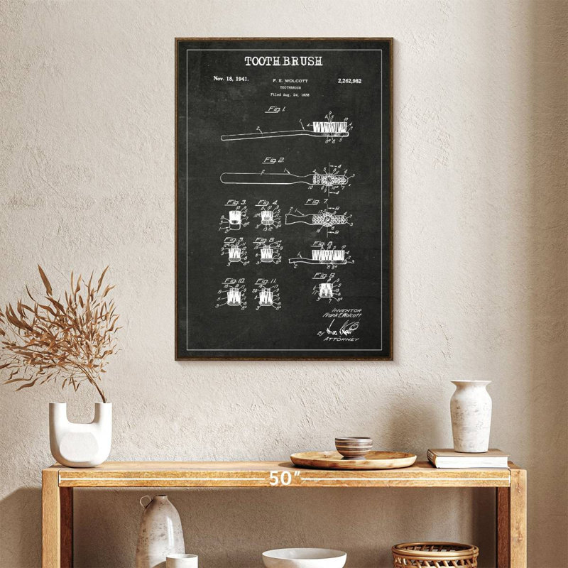 Dental Brush BW Patent, 25" x 37", Floating Frame Walnut
