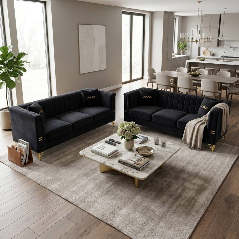 2 Piece 3 Seat Sofa Set (Black)