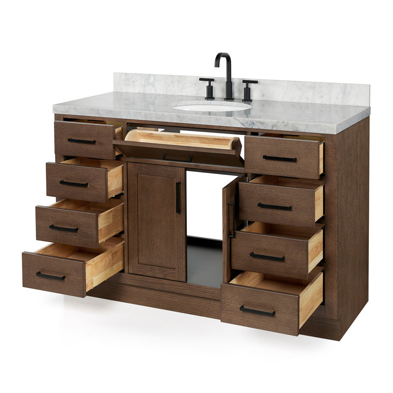 Meuble-lavabo simple en bois massif 54 po avec lavabo en marbre Carrara de 1,5 po Thornaby, Ovale, Chêne brun / noir mat
