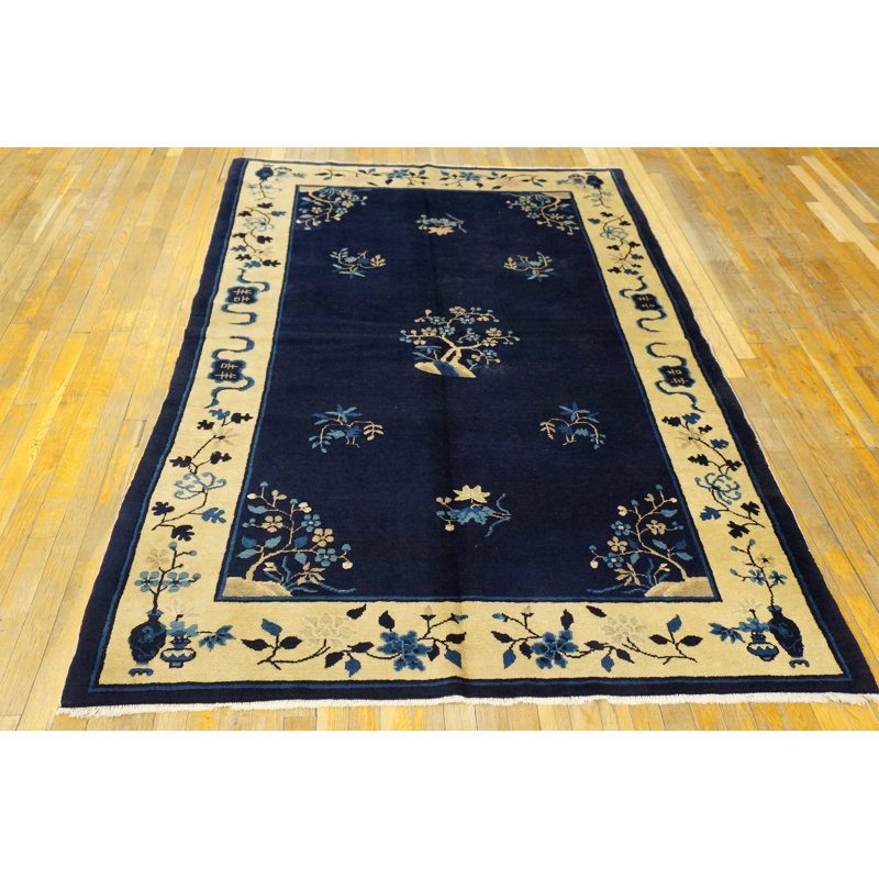 Antique Navy Blue Open Field Floral Tree Medallion Chinese Peking Rug