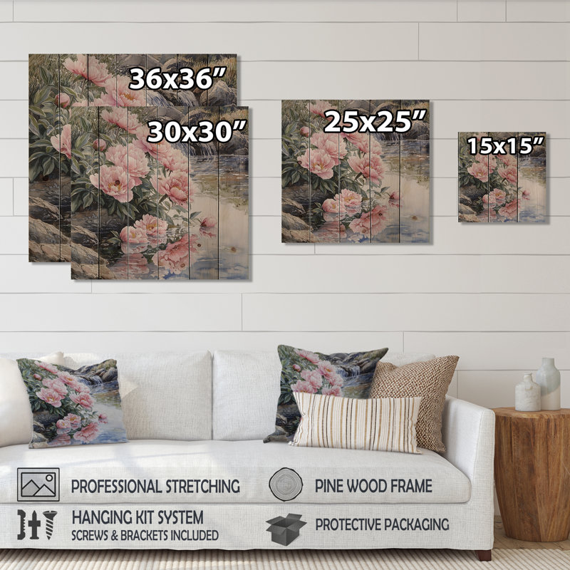Pivoines près du ruisseau de montagne III - Art mural en bois pivoines - sur bois de pin naturel
