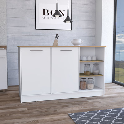 Îlot de cuisine deux armoires, trois tablettes ouvertes, blanc / chêne naturel