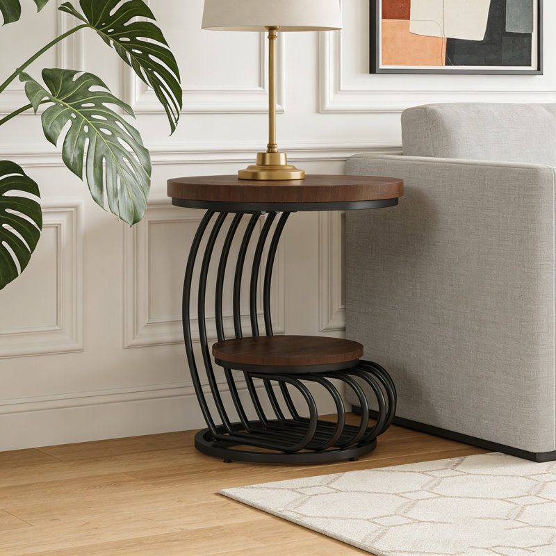 Table de bout à 2 niveaux avec tablette de rangement en faux marbre, Brun rustique