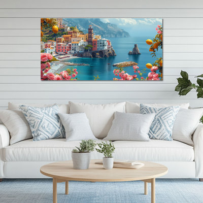 CXVU Italy Amalfi Coast Wall Art, Positano Lemon Floral Canvas Art, Italian Mediterranean Coastal Town Home Wall Decor, Modern Amalfi Coast Travel Poster Picture, Seascape Print Wall Decor 48x24 In