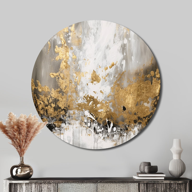 Or et blanc abstrait - Art abstrait rond en métal, H 16 po x l 16 po x P 1 po
