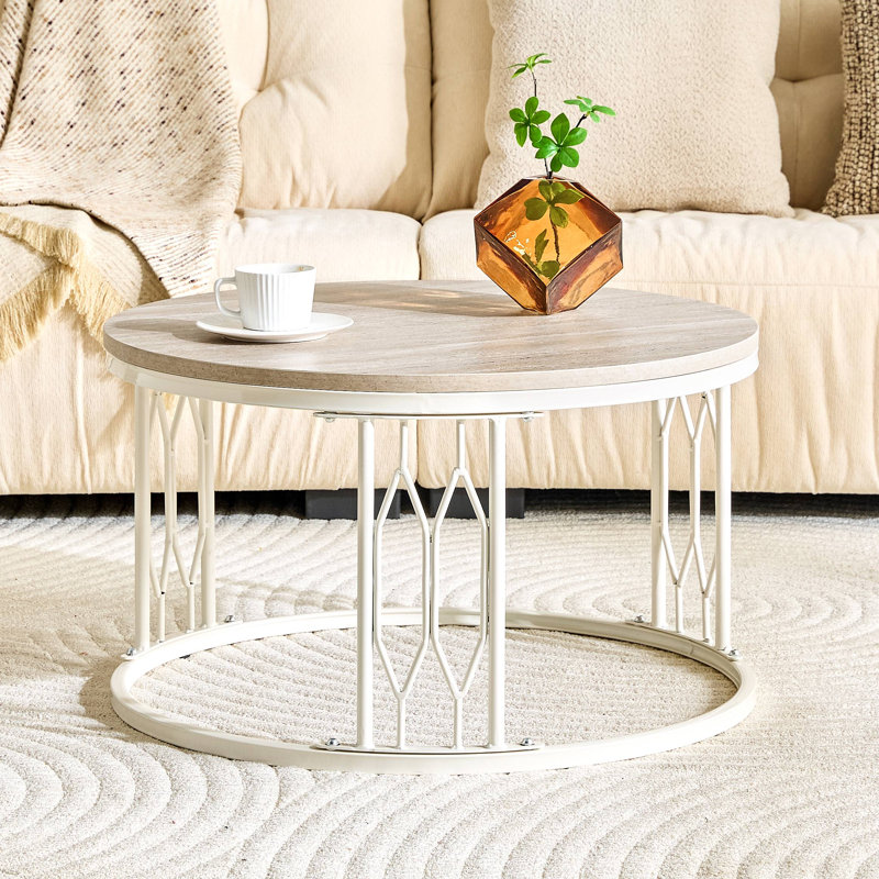 Table basse ronde en panneau de fibres à densité moyenne avec texture effet pierre, diamètre de 27,5 pouces. Table basse ronde pour le salon. Table basse ronde de style Wabi-Sabi avec pieds en métal robustes et assemblage facile.