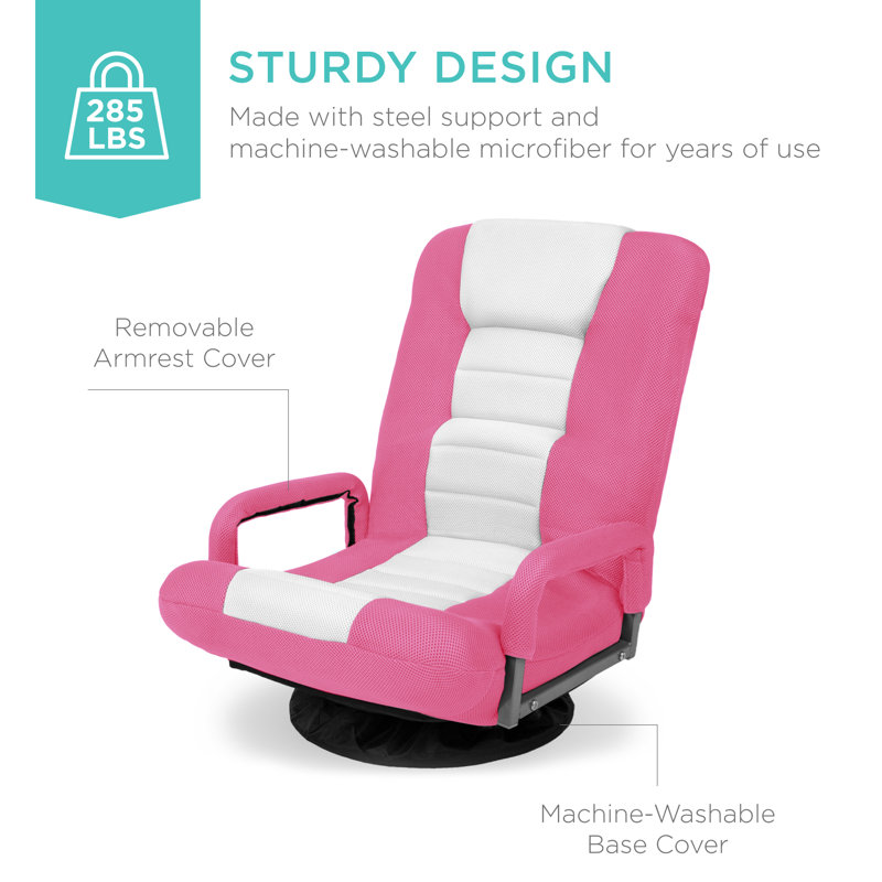 Alba 360-Degree Swivel Gaming Floor Chair w/ Armrest Handles, Foldable Adjustable Back, Pink/White